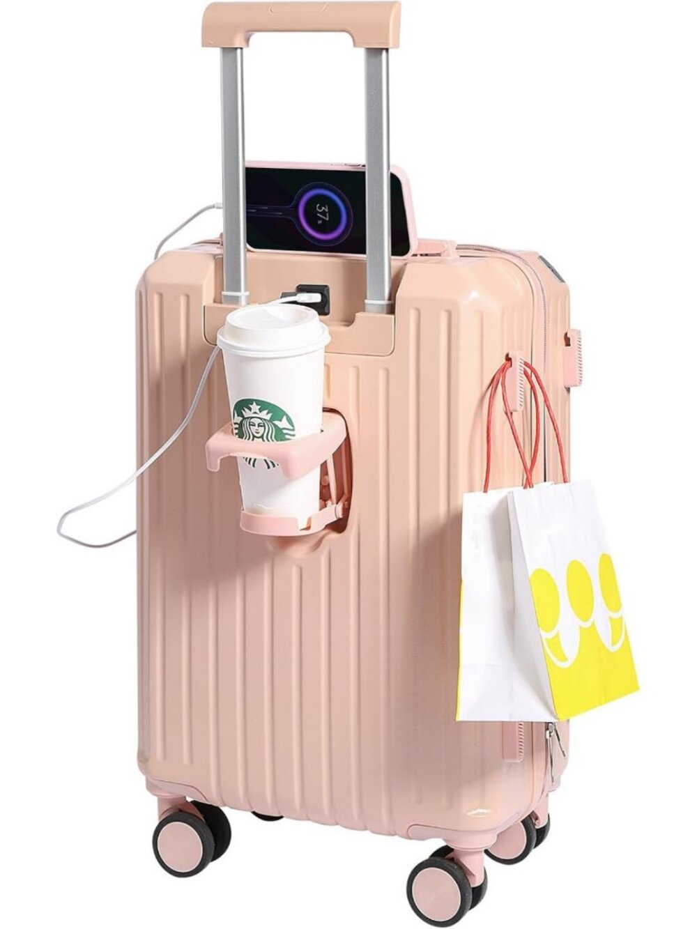 20" Pink Hard Shell Carry-On Luggage with Cup Holder & USB Port, Travel